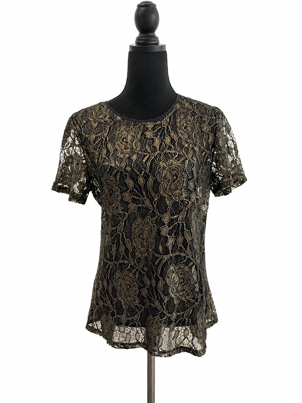 White House Black Market Black Gold Metallic Floral Lace Top Women’s Size 6